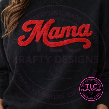 XL MAMA Red Fuzzy Chenille Patch Apparel – Mom Life T-Shirt or Sweatshirt