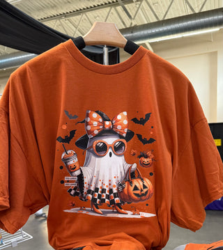 Trendy Halloween Ghost Girl T-Shirt – Bats, Pumpkin Drink & Bow