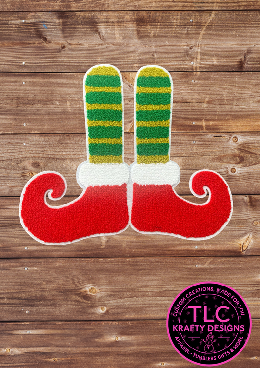 XL Elf Shoes Chenille Patch – Holiday Christmas Appliqué with Red Boots & Green Striped Socks Preorder