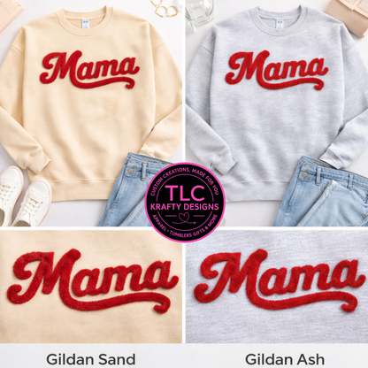 XL MAMA Red Fuzzy Chenille Patch Apparel – Mom Life T-Shirt or Sweatshirt