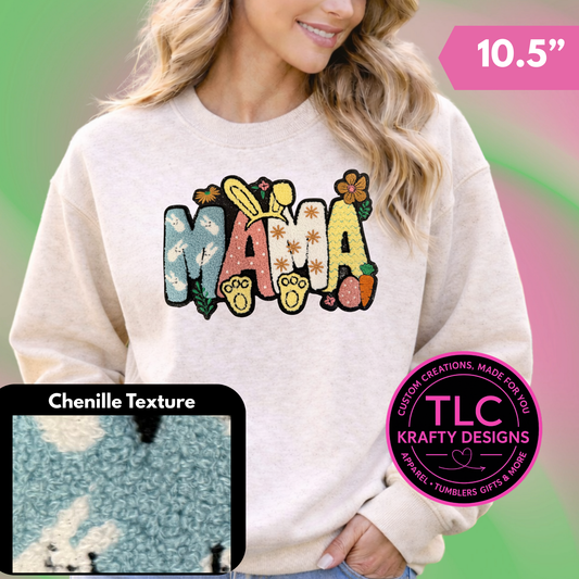 MAMA Chenille Shirt or Sweatshirt – Easter Bunny Mama Top, Spring Floral Chenille Apparel, Cozy Mom Statement Piece