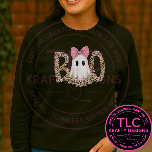 Boo Ghost Sweatshirt – Cute Leopard Print Halloween with Pink Bow