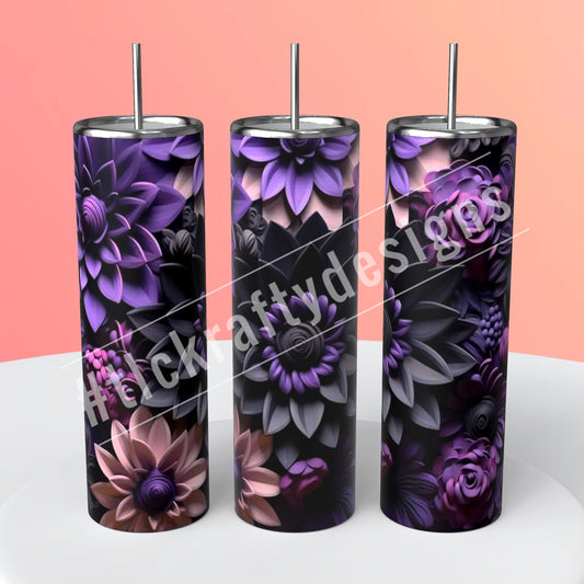 Alluring 3D 20oz. Skinny sublimation tumbler featuring intricate black, purple, and pink colored flowers