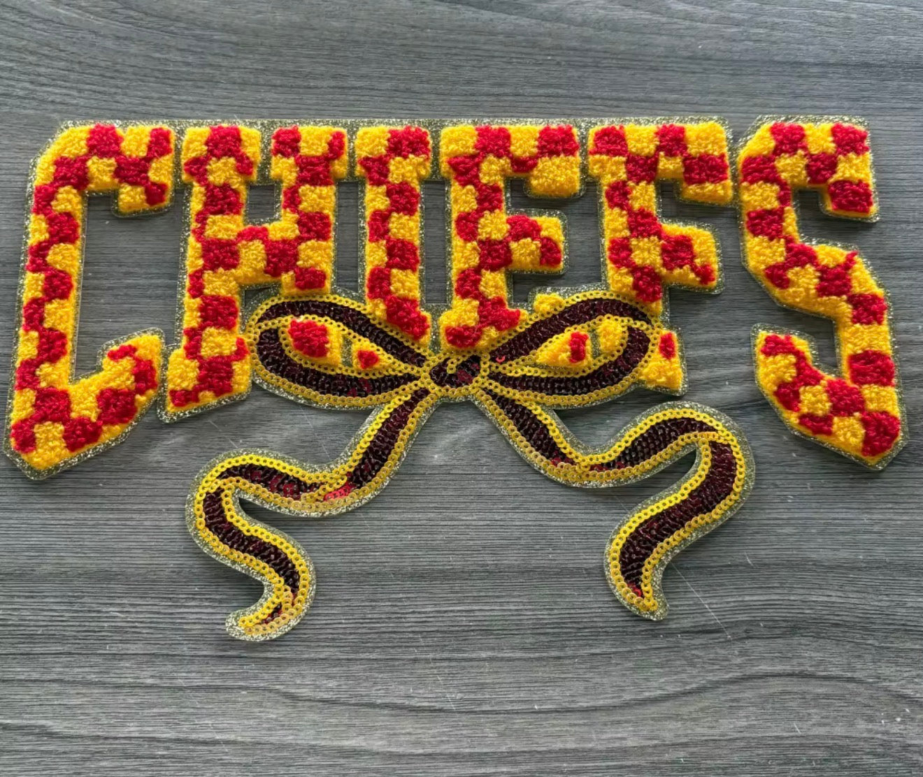XL “Chiefs” Chenille Patch with Bow – Red & Gold