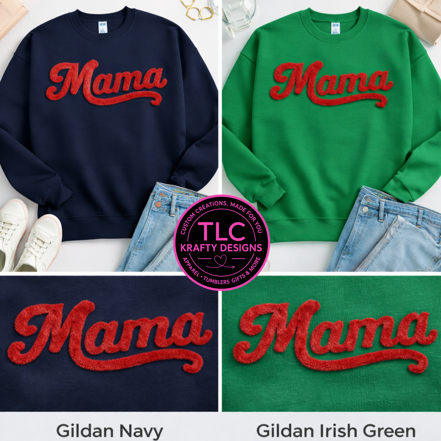 XL MAMA Red Fuzzy Chenille Patch Apparel – Mom Life T-Shirt or Sweatshirt
