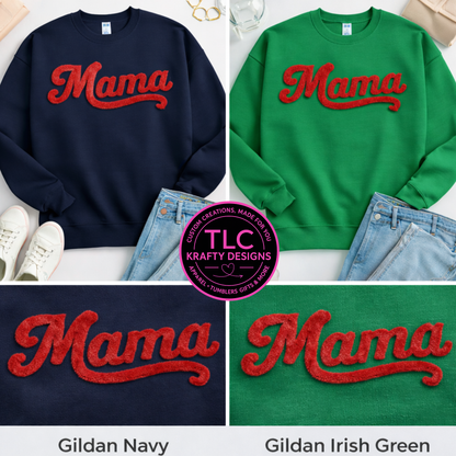 XL MAMA Red Fuzzy Chenille Patch Apparel – Mom Life T-Shirt or Sweatshirt