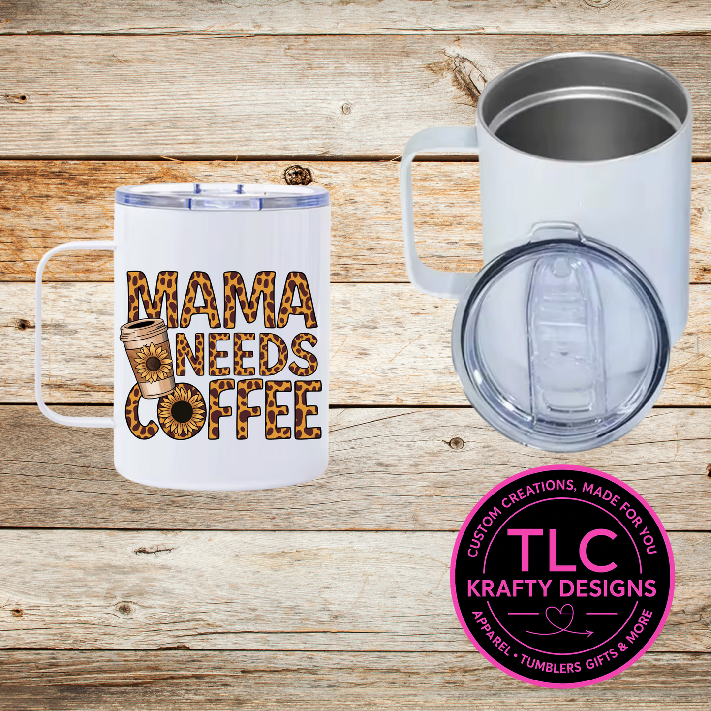 Mama Needs Coffee Mug – 12oz Travel Mug with Lid, Leopard Print Coffee Cup
