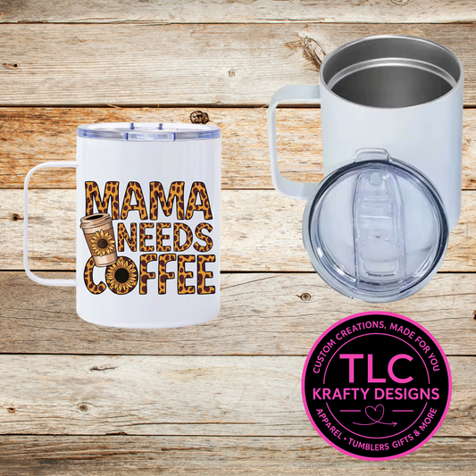 Mama Needs Coffee Mug – 12oz Travel Mug with Lid, Leopard Print Coffee Cup