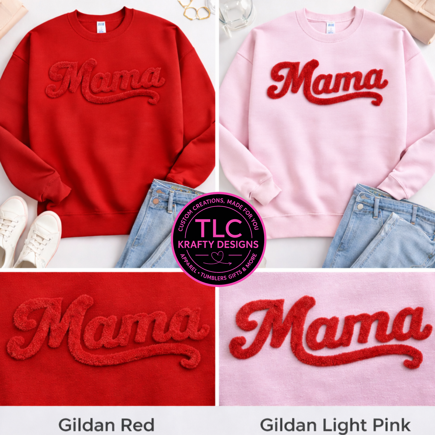 XL MAMA Red Fuzzy Chenille Patch Apparel – Mom Life T-Shirt or Sweatshirt