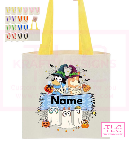 Custom Halloween Trick or Treat Tote Bags – Personalized Kids Candy Bags in Fun Character Designs