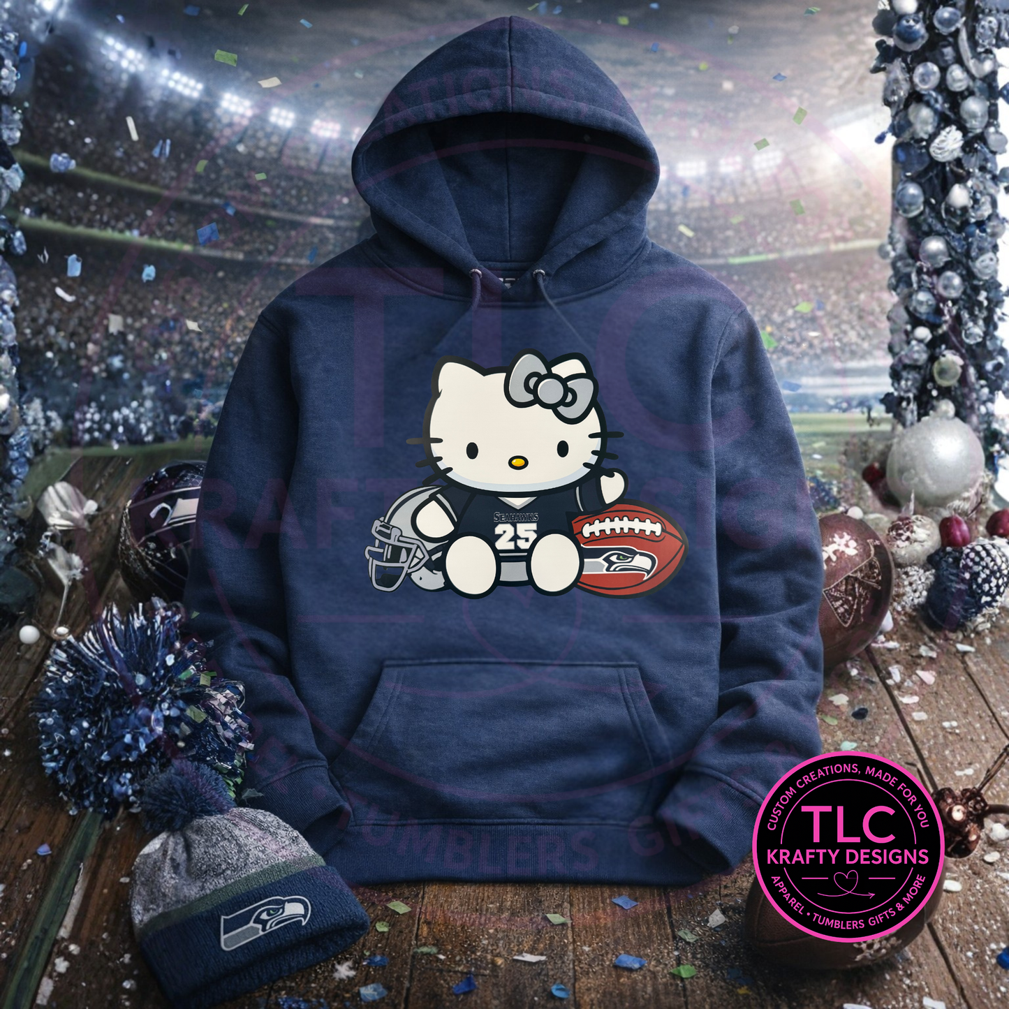 Navy blue hoodie with Hello Kitty and football design on a sports-themed background