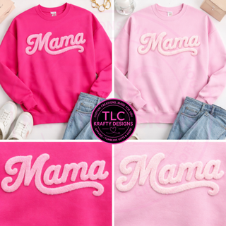 XL MAMA Pink Fuzzy Chenille Patch Apparel – Mom Life T-Shirt or Sweatshirt