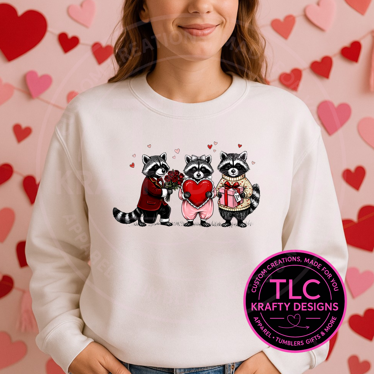 Cute Valentine Raccoon Sweatshirt or T-Shirt – Trio Raccoon Valentine Design, Cozy Valentine Apparel