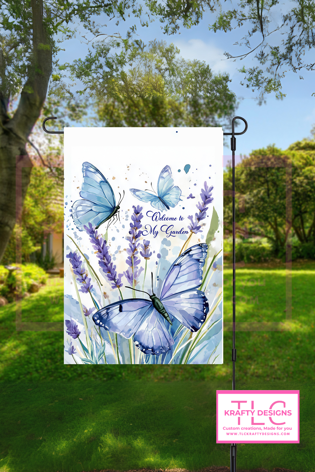 Welcome to My Garden Butterfly Flag – Lavender Bloom Watercolor Outdoor Banner