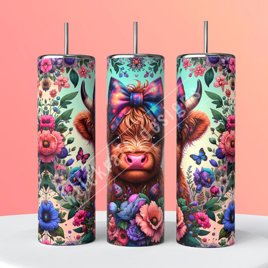 Stunning sublimation 20oz. tumbler adorned with charming highland cows and vibrant flowers