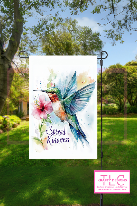 Spread Kindness Hummingbird Garden Flag – Watercolor Floral Outdoor Banner