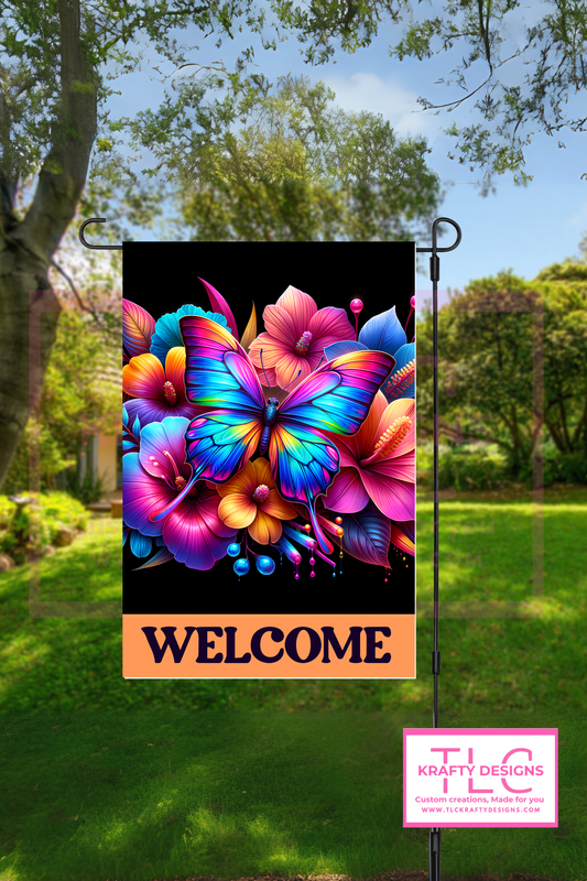Welcome Butterfly Garden Flag – Vibrant Neon Floral Design for Bold Summer Decor