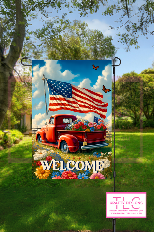 Red Vintage Truck Welcome Garden Flag – Patriotic Floral Yard Decor