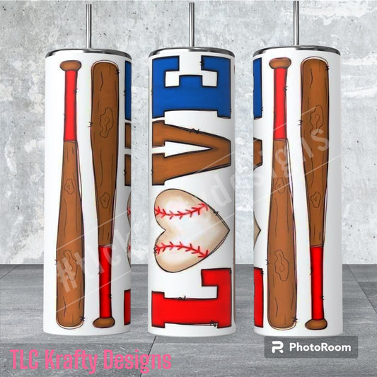 Dynamic 20oz sublimation tumbler, designed for the avid baseball enthusiast, adorned with the iconic imagery of baseball bats and balls.