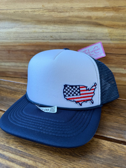USA Map Flag Trucker Hat – Patriotic Embroidered Patch on Navy and White Cap