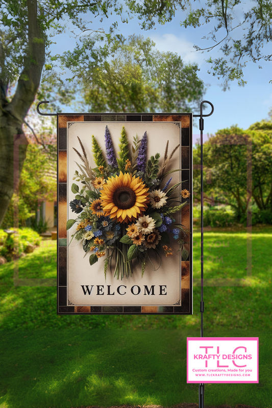 Rustic Sunflower Welcome Garden Flag – Neutral Country Wildflower Arrangement