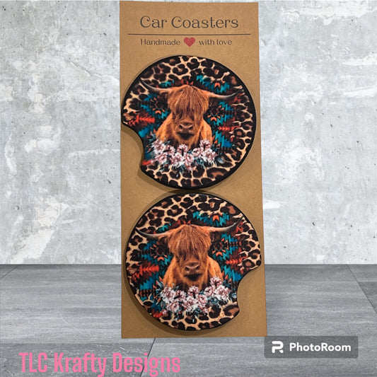 Highland Cow surrounded by flowers Sublimation 2.75" Car Coasters
