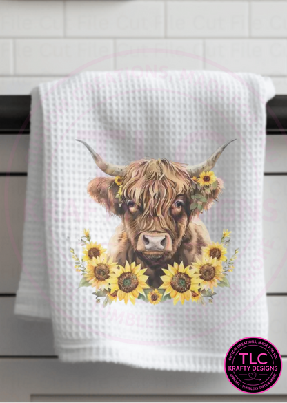 Highland Cow with Sunflowers Towel – Rustic Farmhouse Kitchen Décor 🌻🐮