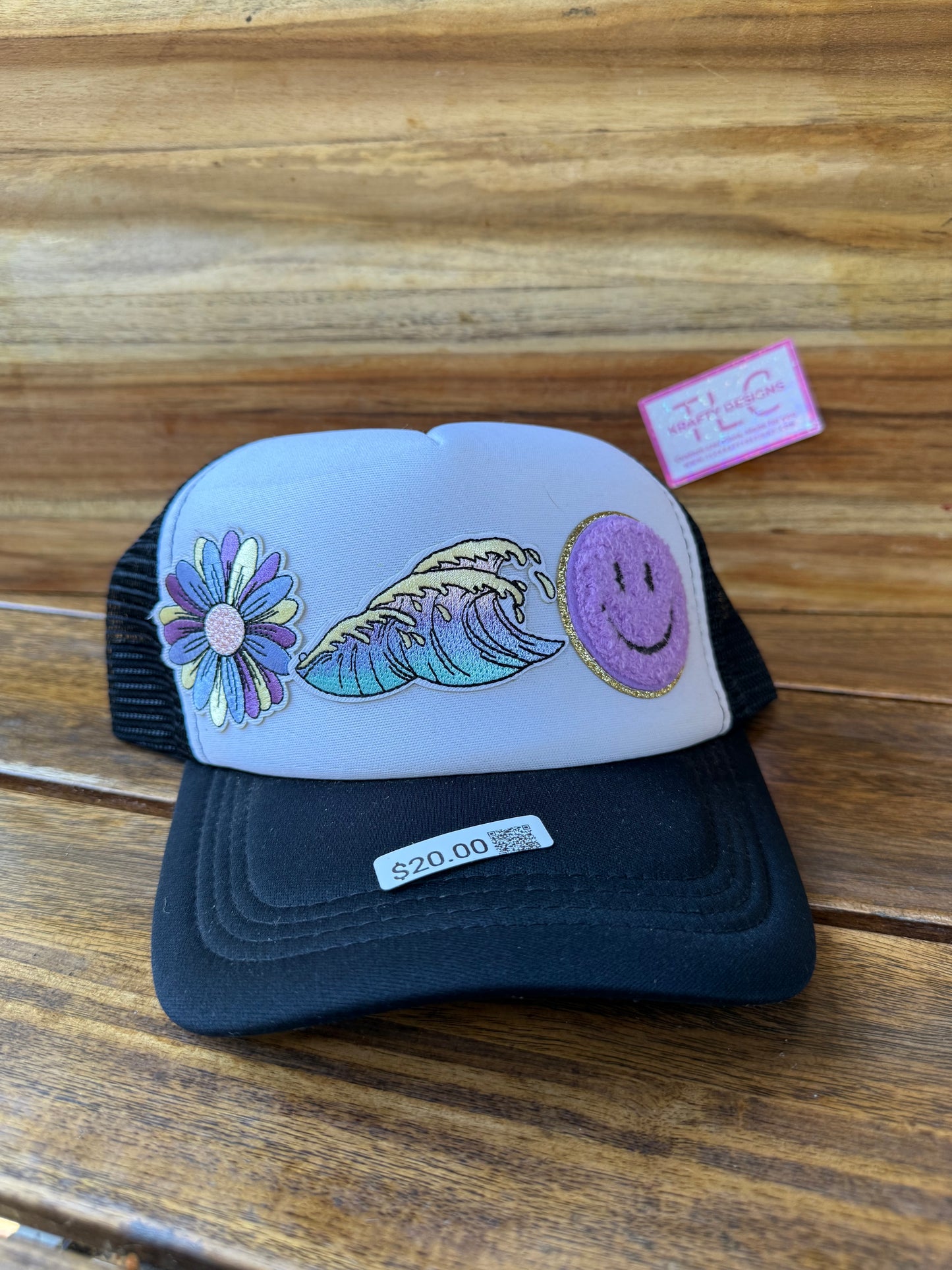 Black Trucker Hat – Flower, Wave, & Glitter Smile Patch Trio