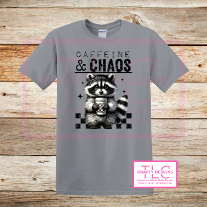 Caffeine & Chaos Raccoon T-Shirt – Funny Coffee Lover Tee