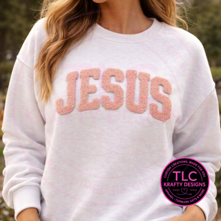 JESUS pink Fuzzy Patch – Soft Chenille Heat Press or Iron-On Patch | Faith Patch | Christian Appliqué for Sweatshirts Jackets
