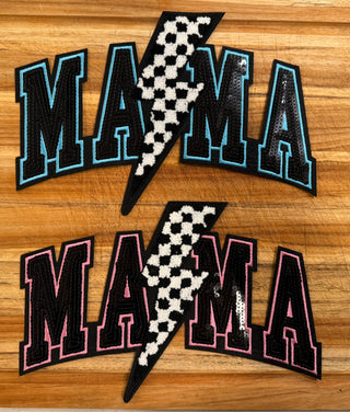 Mama Chenille Patch with Lightning Bolt – Iron On or Sew On Embroidered Patch, Pink or Blue Accent
