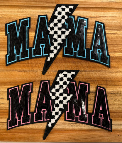 Mama Chenille Patch with Lightning Bolt – Iron On or Sew On Embroidered Patch, Pink or Blue Accent