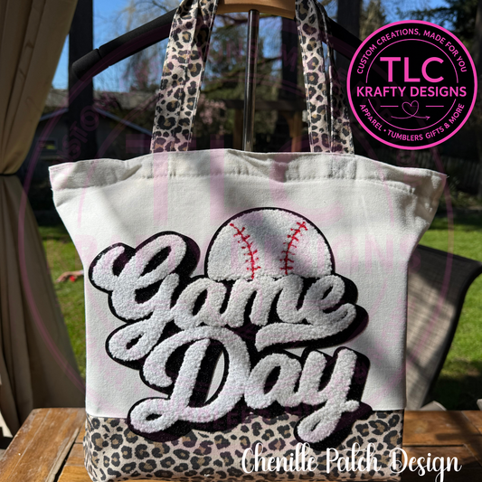 Baseball Game Day Chenille Patch Canvas Tote Bag