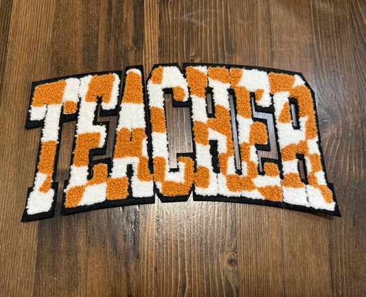 TEACHER Patch – Orange and White Chenille Extra Large Iron-On with Camo Print