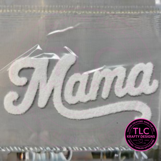 XL MAMA White Fuzzy Chenille Patch - Mom Life Heat Press/ Iron-On Appliqué
