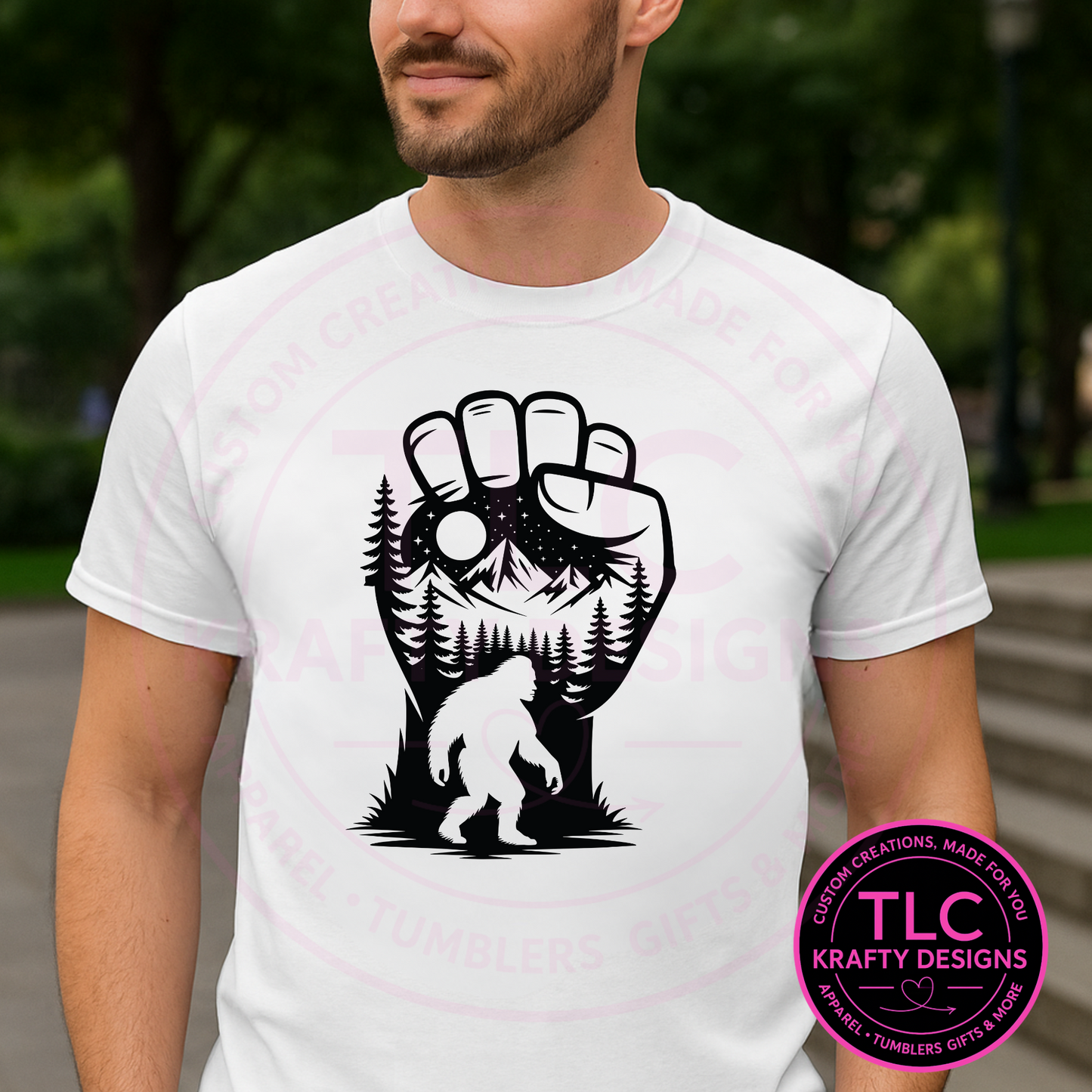 Bigfoot Forest Fist T-Shirt – Sasquatch Nature Lover Graphic Tee