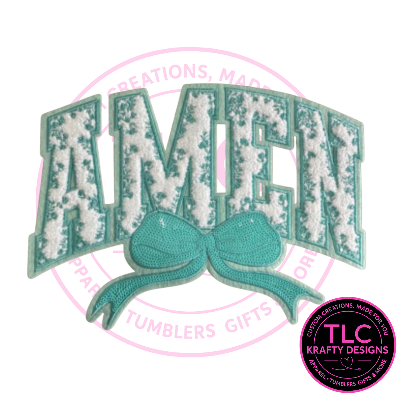 XL Amen Chenille Patch With Sequin Bow Mint – Faith-Based Iron-On / Sew-On Appliqué CK