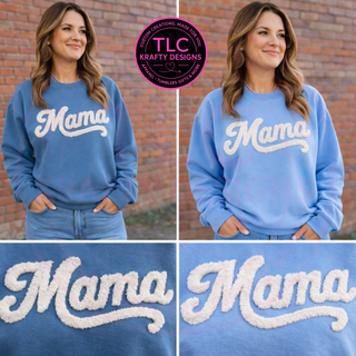 XL MAMA White Fuzzy Chenille Patch - Mom Life Heat Press/ Iron-On Appliqué