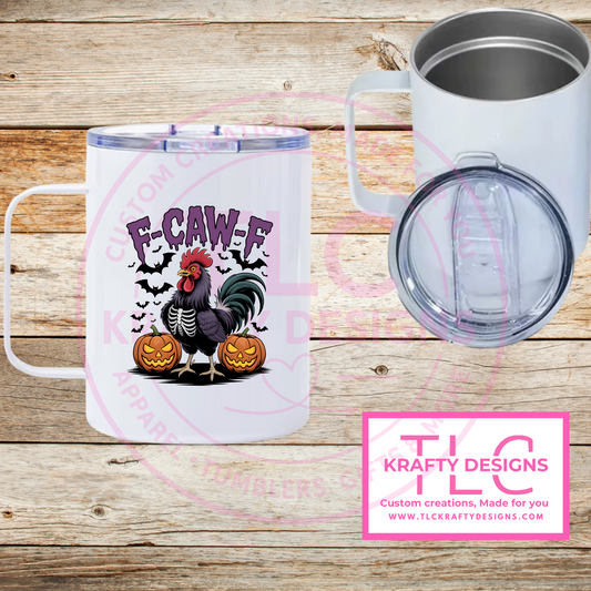 F-CAW-F Rooster Halloween Mug – 12oz Funny Chicken Travel Coffee Cup with Pumpkins