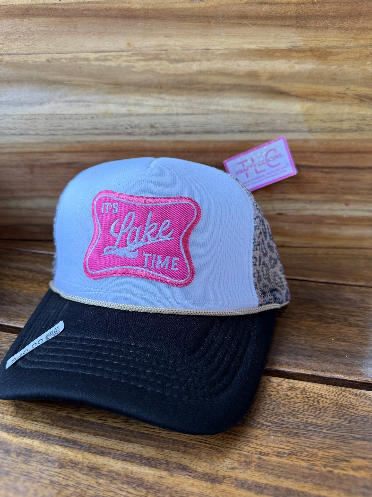 It’s Lake Time Trucker Hat – Leopard Mesh with Pink Patch and Black Brim
