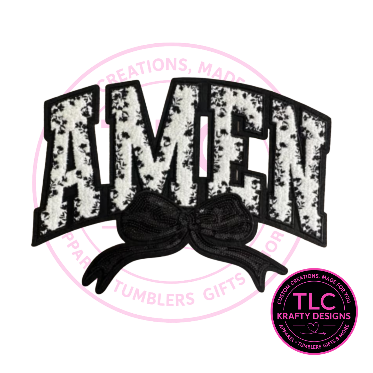XL Amen Chenille Patch With Sequin Bow Black – Faith-Based Iron-On / Sew-On Appliqué CK