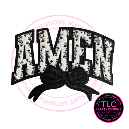 XL Amen Chenille Patch With Sequin Bow Black – Faith-Based Iron-On / Sew-On Appliqué CK