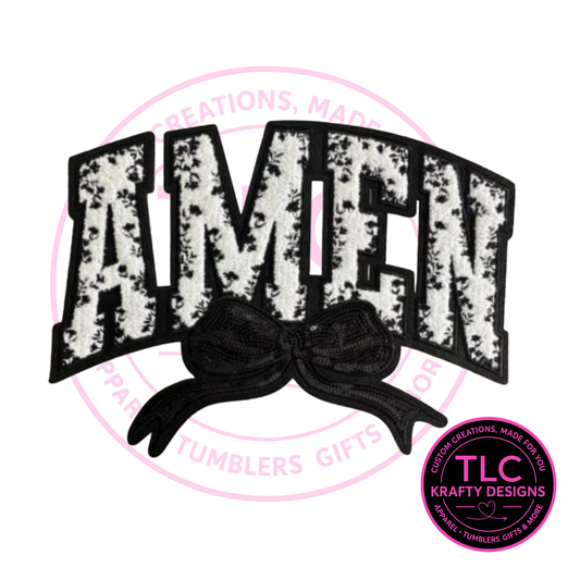 XL Amen Chenille Patch With Sequin Bow Black – Faith-Based Iron-On / Sew-On Appliqué CK