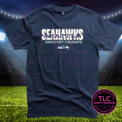 SEATTLE / SEAHAWKS – 2025 NFC Champs (stacked text design) Tee or Sweatshirt