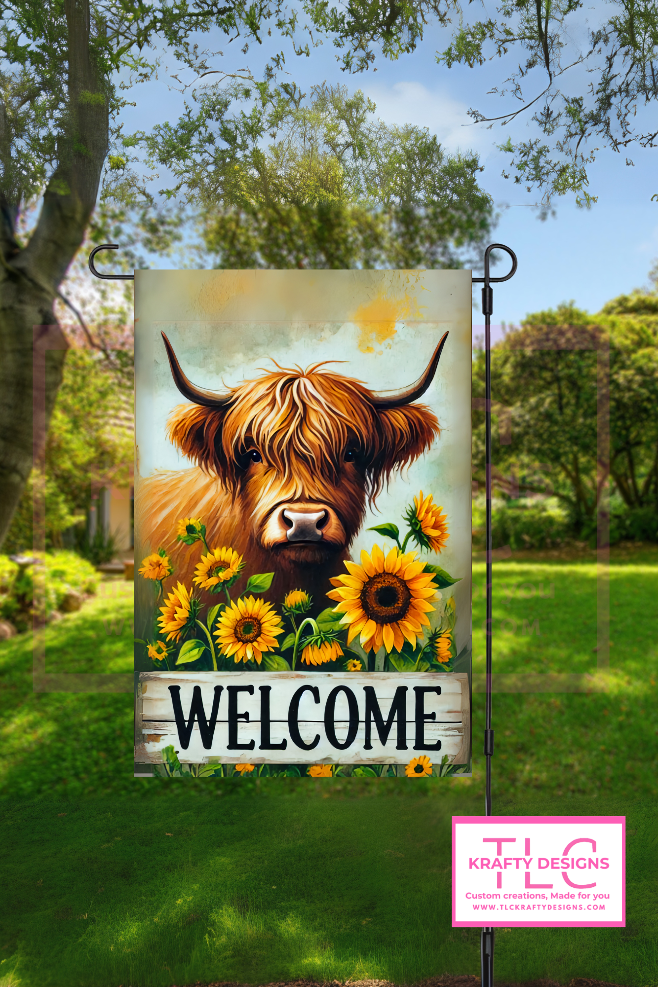 Highland Cow Welcome Garden Flag – Rustic Sunflower Country Décor