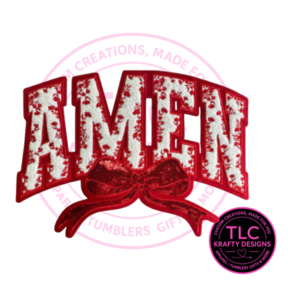 XL Amen Chenille Patch With Sequin Bow Red – Faith-Based Iron-On / Sew-On Appliqué CK