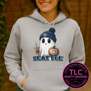 Seattle Baseball Ghost Hoodie – Cozy Fall Halloween Sweatshirt with Pumpkin & Coffee Design