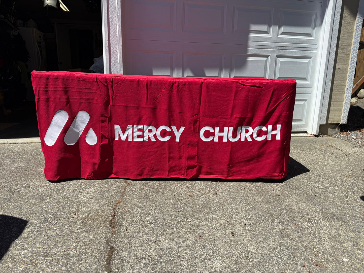 Custom 6’ Two-Sided Table Cover – Mercy Church Branded Event Tablecloth | Full Color Display