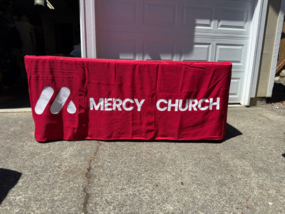 Custom 6’ Two-Sided Table Cover – Mercy Church Branded Event Tablecloth | Full Color Display