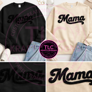 XL MAMA Black Fuzzy Chenille Patch Apparel – Mom Life T-Shirt or Sweatshirt
